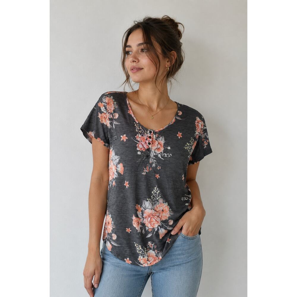 Floral Soft Girl Boho Knit Popover Top Womens 3XL Cottagecore Relaxed Tee